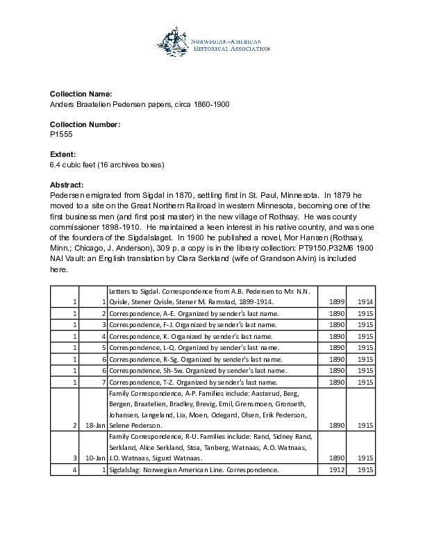 Finding aid to the Anders Braatelien Pedersen papers, circa 1860-1900