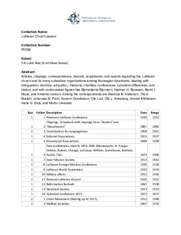 Finding aid to the Lutheran Church papers