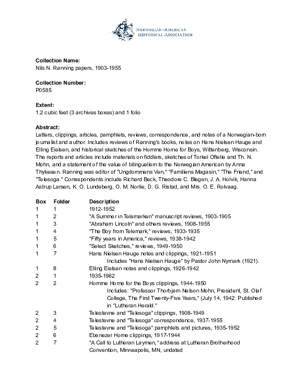 Finding aid to the Nils N. Rønning papers, 1903-1955