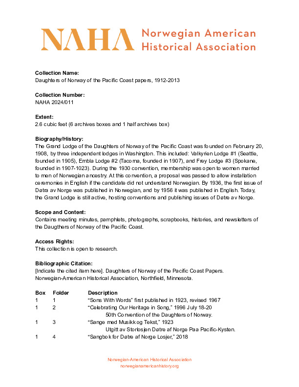 Finding aid to the Daughters of Norway of the Pacific Coast papers, 1912-2013