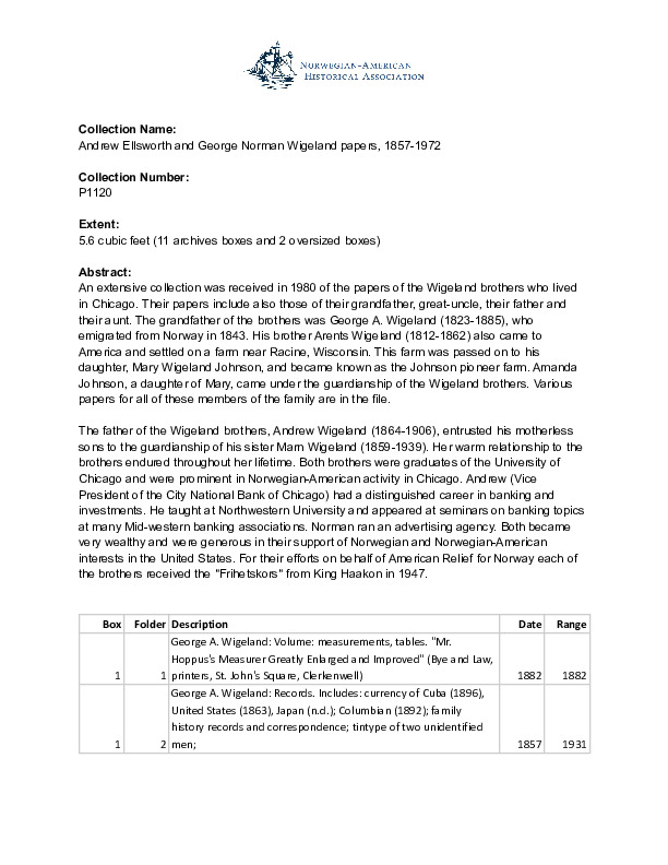 Finding aid to the Andrew Ellsworth and George Norman Wigeland papers, 1857-1972