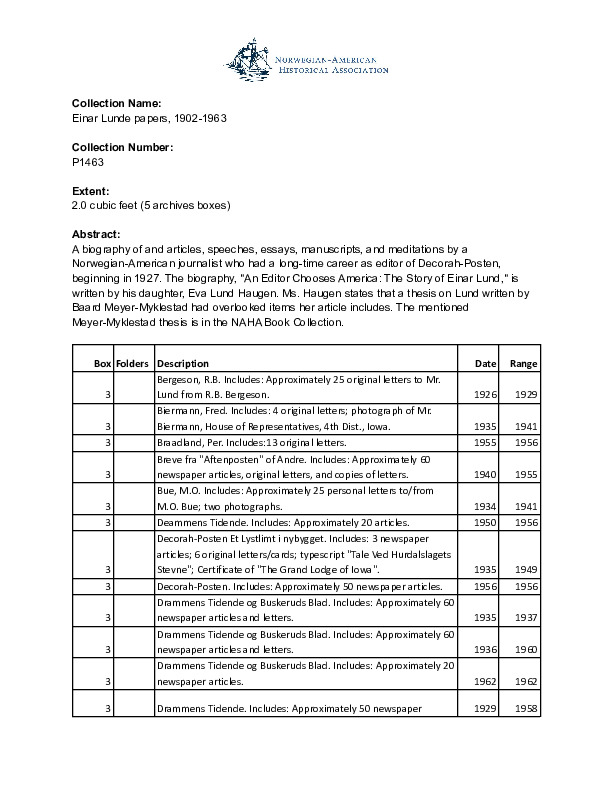 Finding aid to the Einar Lunde papers, 1902-1963