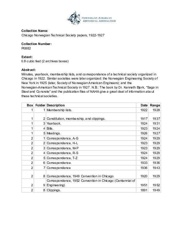 Finding aid to the Chicago Norwegian Technical Society papers, 1922-1927