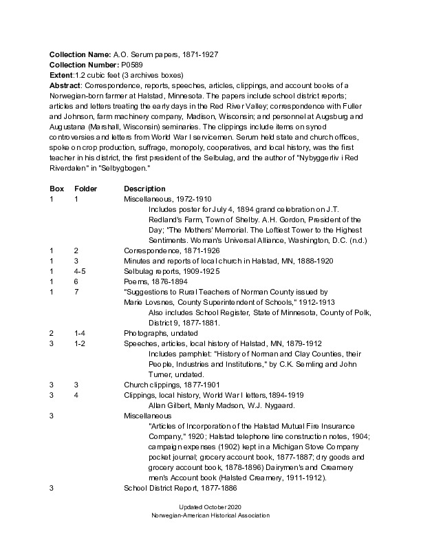 Finding aid to the A.O. Serum papers, 1871-1927