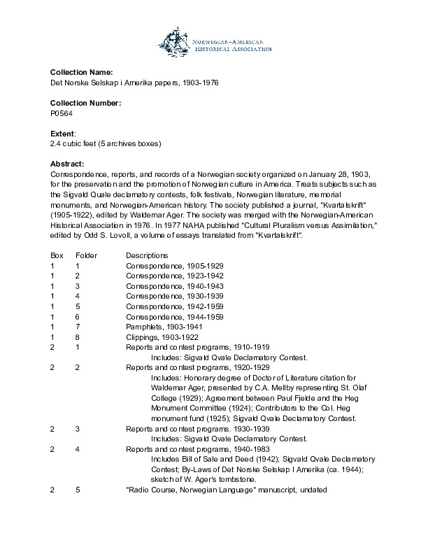 Finding aid to the Det Norske Selskap i Amerika papers, 1903-1976