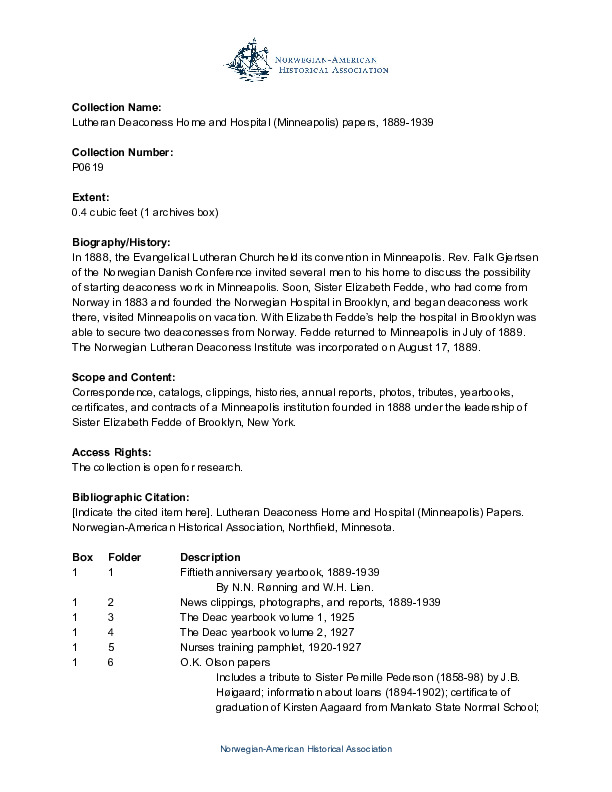 Finding aid to the Lutheran Deaconess Home and Hospital (Minneapolis) papers, 1889-1939