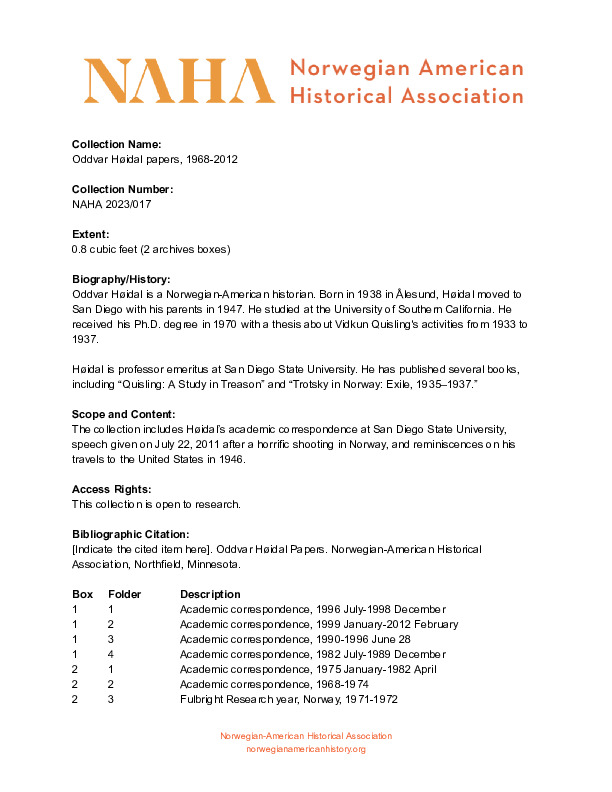 Finding aid to the Oddvar Høidal papers, 1968-2012