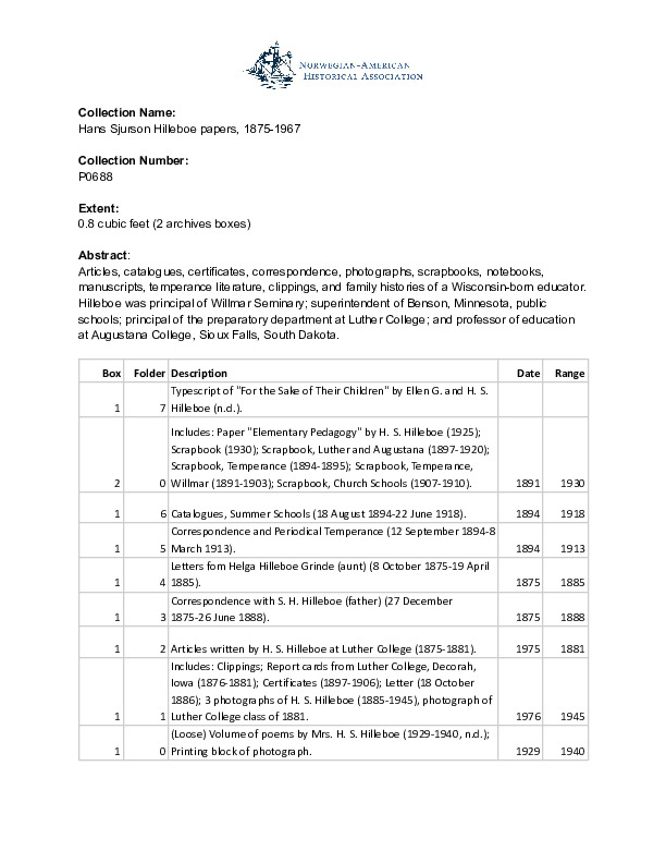 Finding aid to the Hans Sjurson Hilleboe papers, 1875-1967