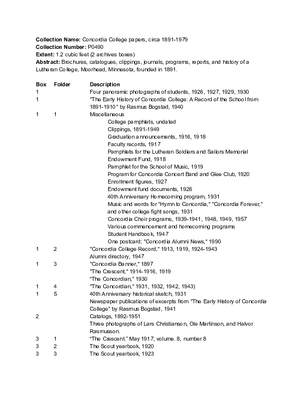 Finding aid to the Concordia College papers, circa 1891-1979