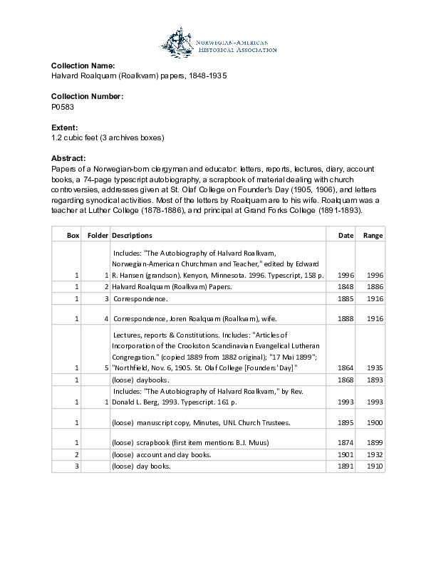 Finding aid to the Halvard Roalquam (Roalkvam) papers, 1848-1935