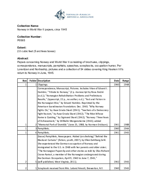 Finding aid to the Norway in World War II papers, circa 1945