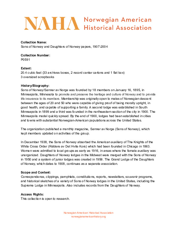 Finding aid to the Sons of Norway and Daughters of Norway papers, 1907-2014