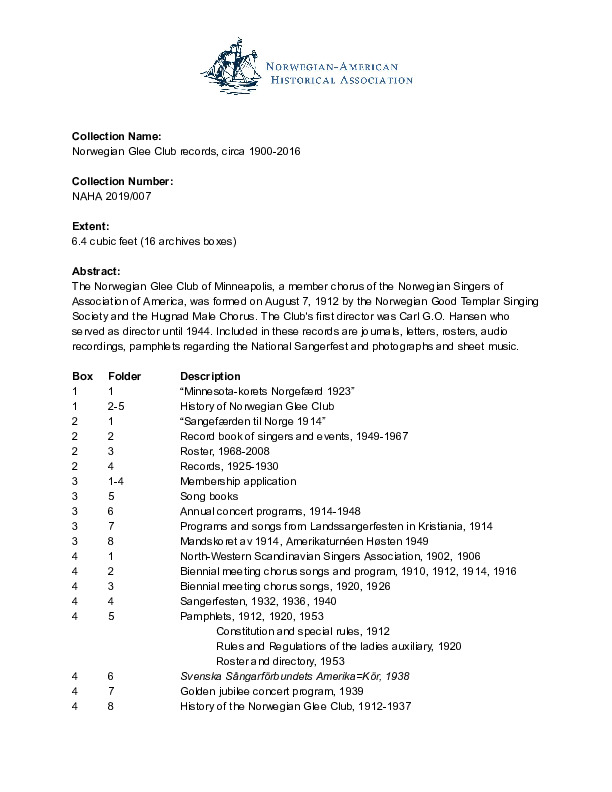 Finding aid to the Norwegian Glee Club records, circa 1900-2016