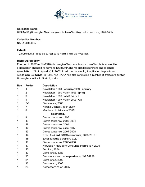 Finding aid to the NORTANA (Norwegian Teachers Association of North America) records, 1984-2019