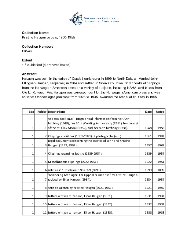 Finding aid to the Kristine Haugen papers, 1900-1955