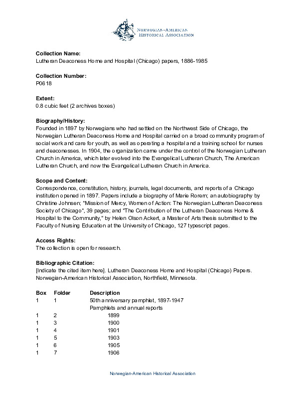 Finding aid to the Lutheran Deaconess Home and Hosital (Chicago) papers, 1886-1985