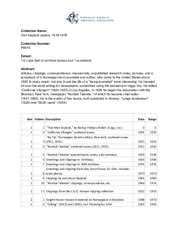 Finding aid to the Carl Søyland papers, 1916-1976