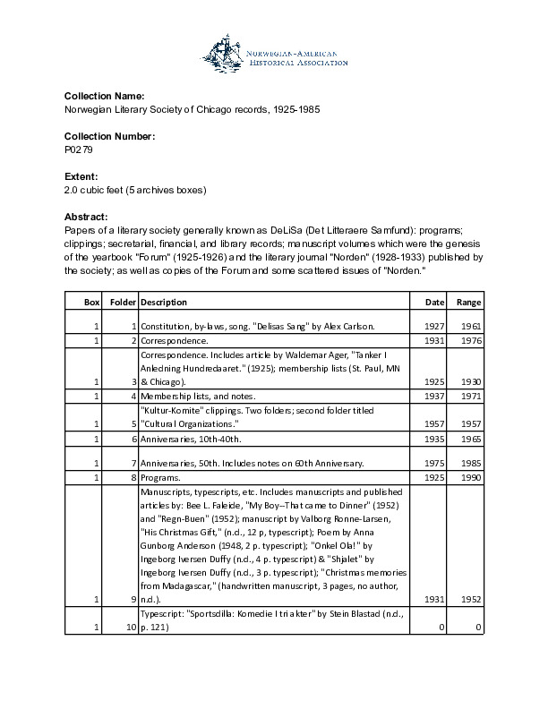 Finding aid to the Norwegian Literary Society of Chicago records, 1925-1985