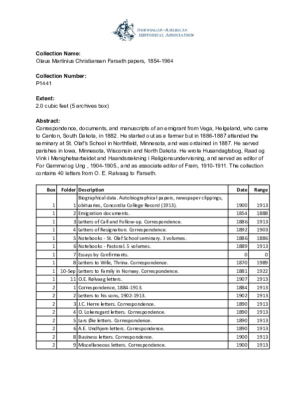 Finding aid to the Olaus Martinius Christiansen Farseth papers, 1854-1964