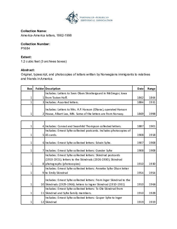 Finding aid to the America-America letters, 1862-1998