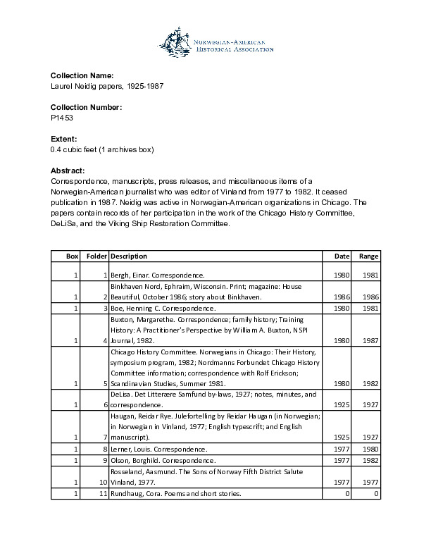 Finding aid to the Laurel Neidig papers, 1925-1987