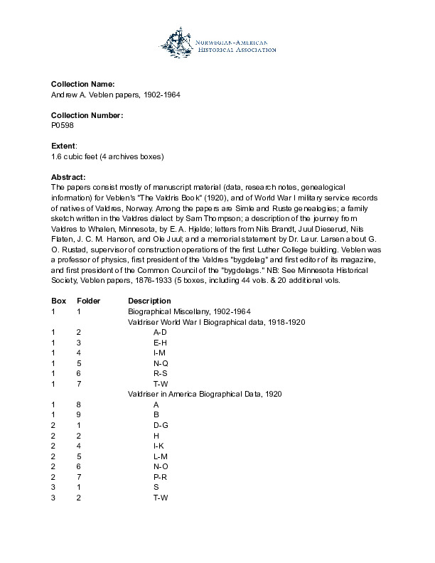 Finding aid to the Andrew A. Veblen papers, 1902-1964