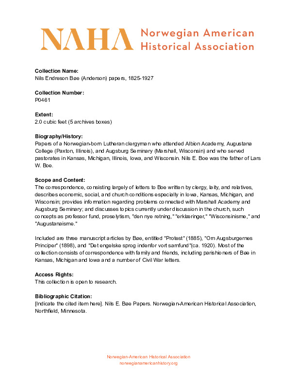 Finding aid to the Nils Endreson Bøe (Anderson) papers, 1825-1927
