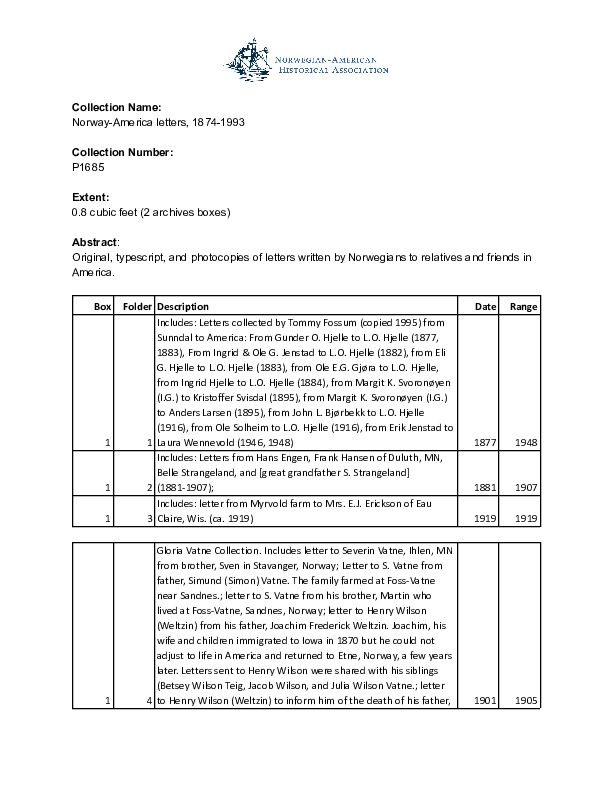 Finding aid to the Norway-America letters, 1874-1993