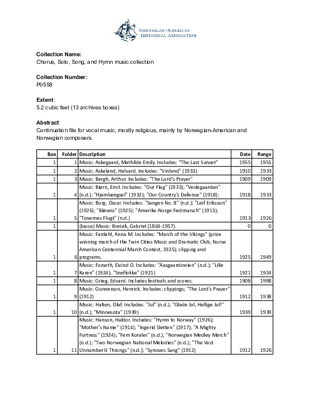 Finding aid to the Chorus, Solo, Song, and Hymn music collection