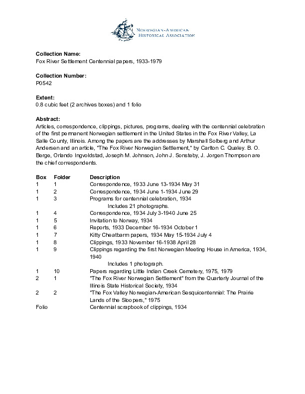 Finding aid to the Fox River Settlement Centennial papers, 1933-1979