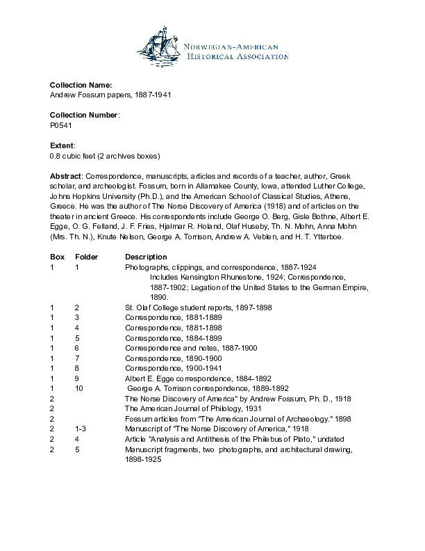 Finding aid to the Andrew Fossum Papers, 1887-1941