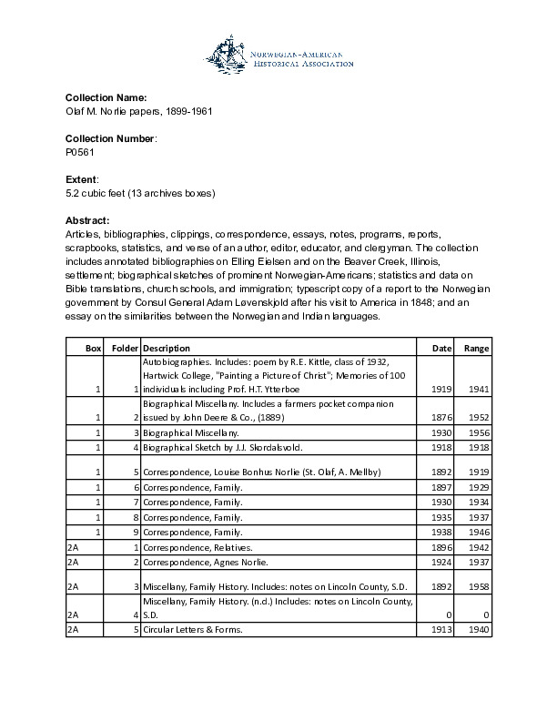 Finding aid to the Olaf M. Norlie papers, 1899-1961