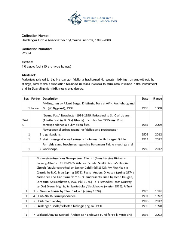 Finding aid to the Hardanger Fiddle Association of America records, 1890-2009