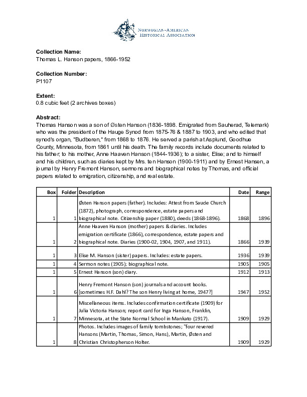 Finding aid to the Thomas L. Hanson papers, 1866-1952