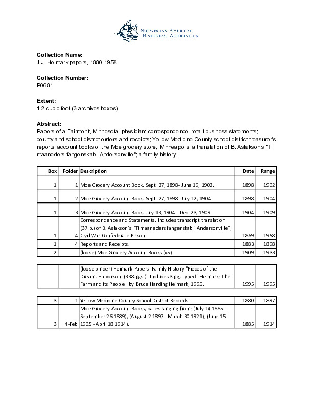 Finding aid to the J.J. Heimark papers, 1880-1958