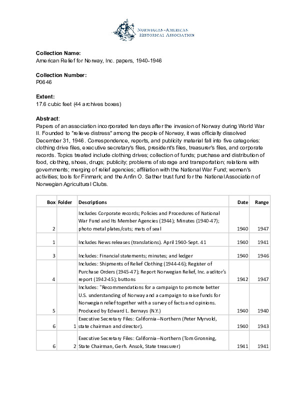 Finding aid to the American Relief for Norway, Inc. papers, 1940-1946