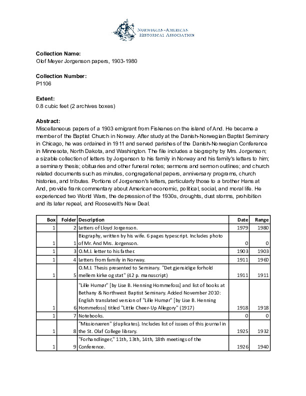 Finding aid to the Olof Meyer Jorgenson papers, 1903-1980