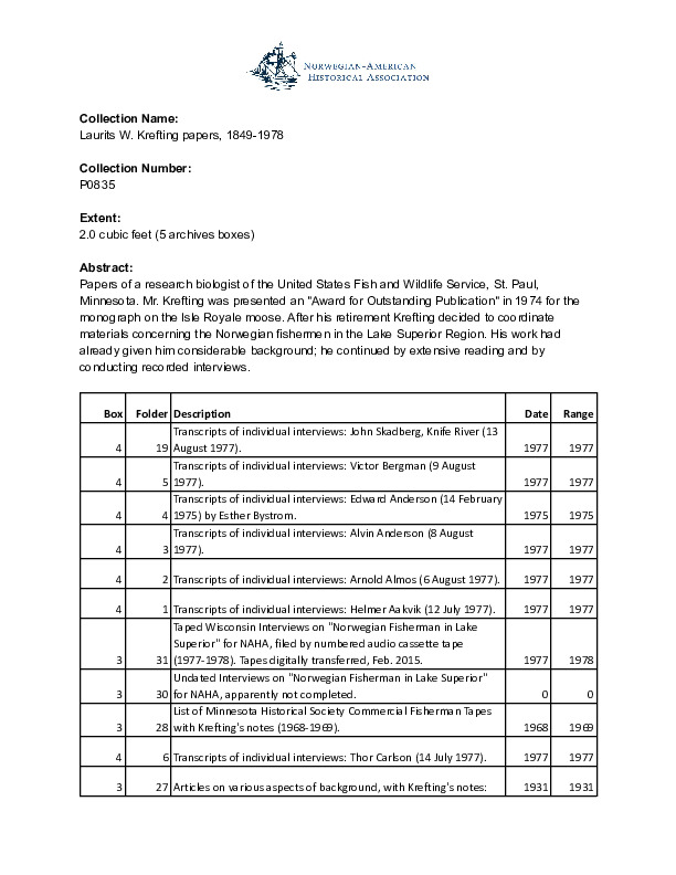 Finding aid to the Laurits W. Krefting papers, 1849-1978