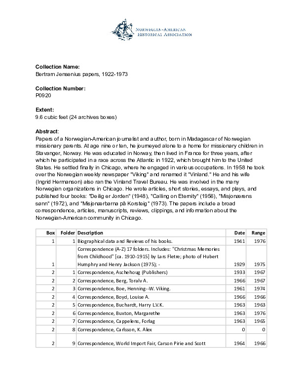 Finding aid to the Bertram Jensenius papers, 1922-1973