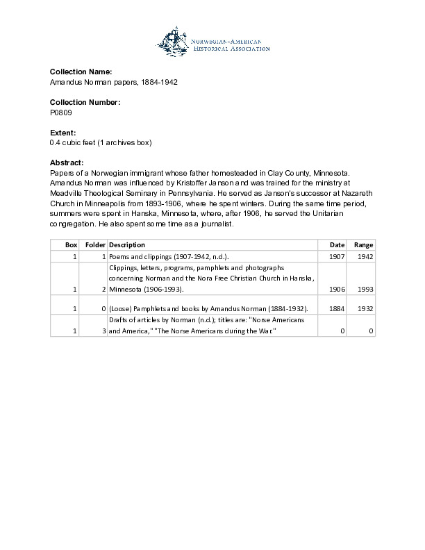 Finding aid to the Amandus Norman papers, 1884-1942