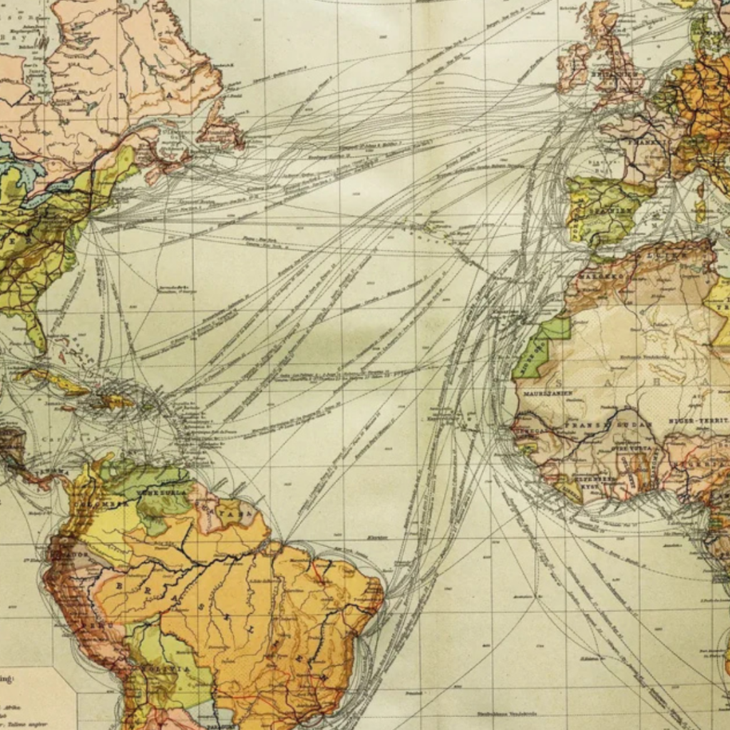 A vintage transatlantic map with many shipping routes