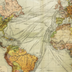 A vintage transatlantic map with many shipping routes