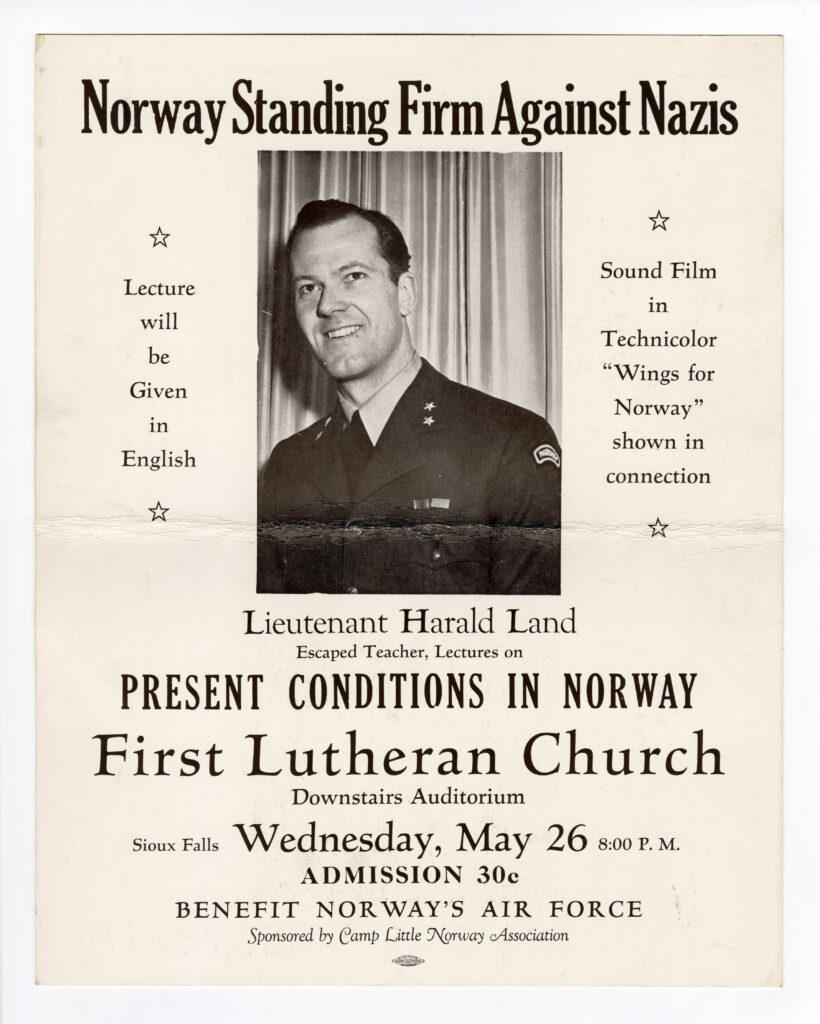 Poster for a lecture by Harald Sandvik in Sioux Falls, South Dakota on May 26, 1943, titled "Norway Standing Firm Against Nazis."