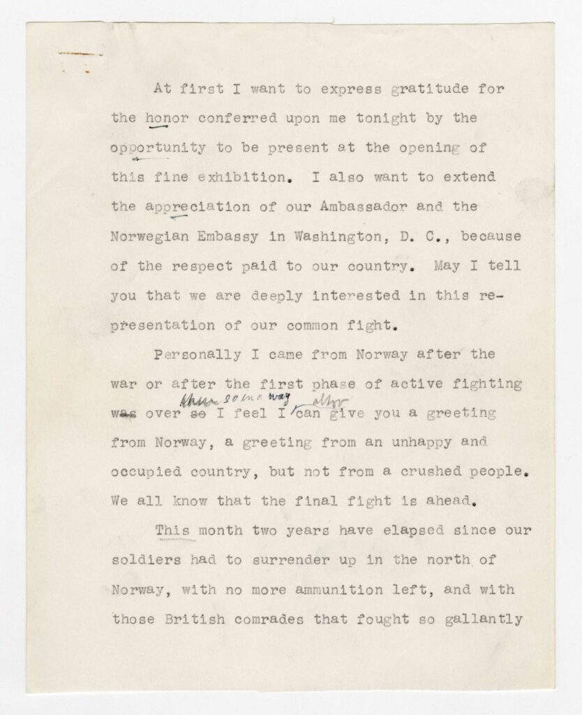 Typed speech paper with handwritten notes.