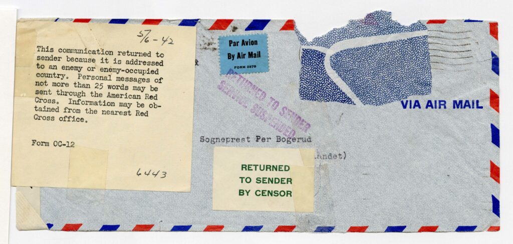 Letter envelope from Jacob Stefferud in Minneapolis, Minnesota to his brother Per Bogerud at Dypvåg parsonage, Norway. Pasted on envelope is "Returned to Sender by Censor" note, with instructions to send messages through the American Red Cross.