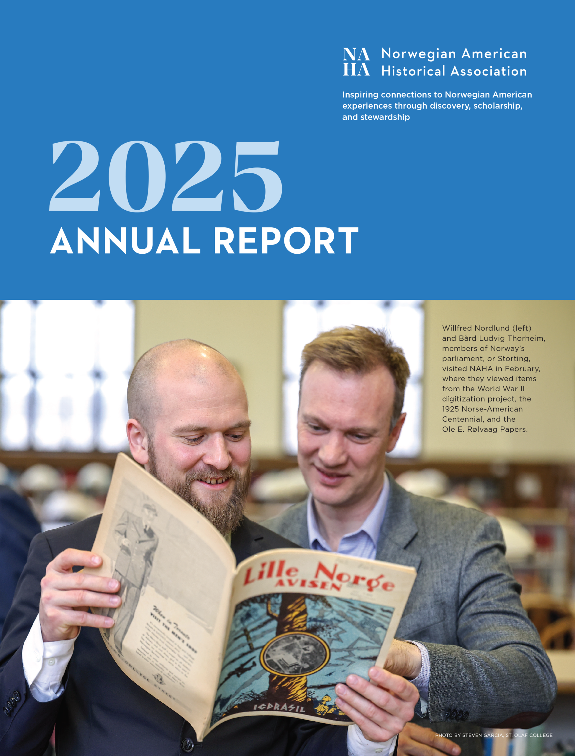 NAHA 2025 Annual Report cover, featuring members of the Norwegian Parliament reading a magazine called "Lille Norge Avisen."